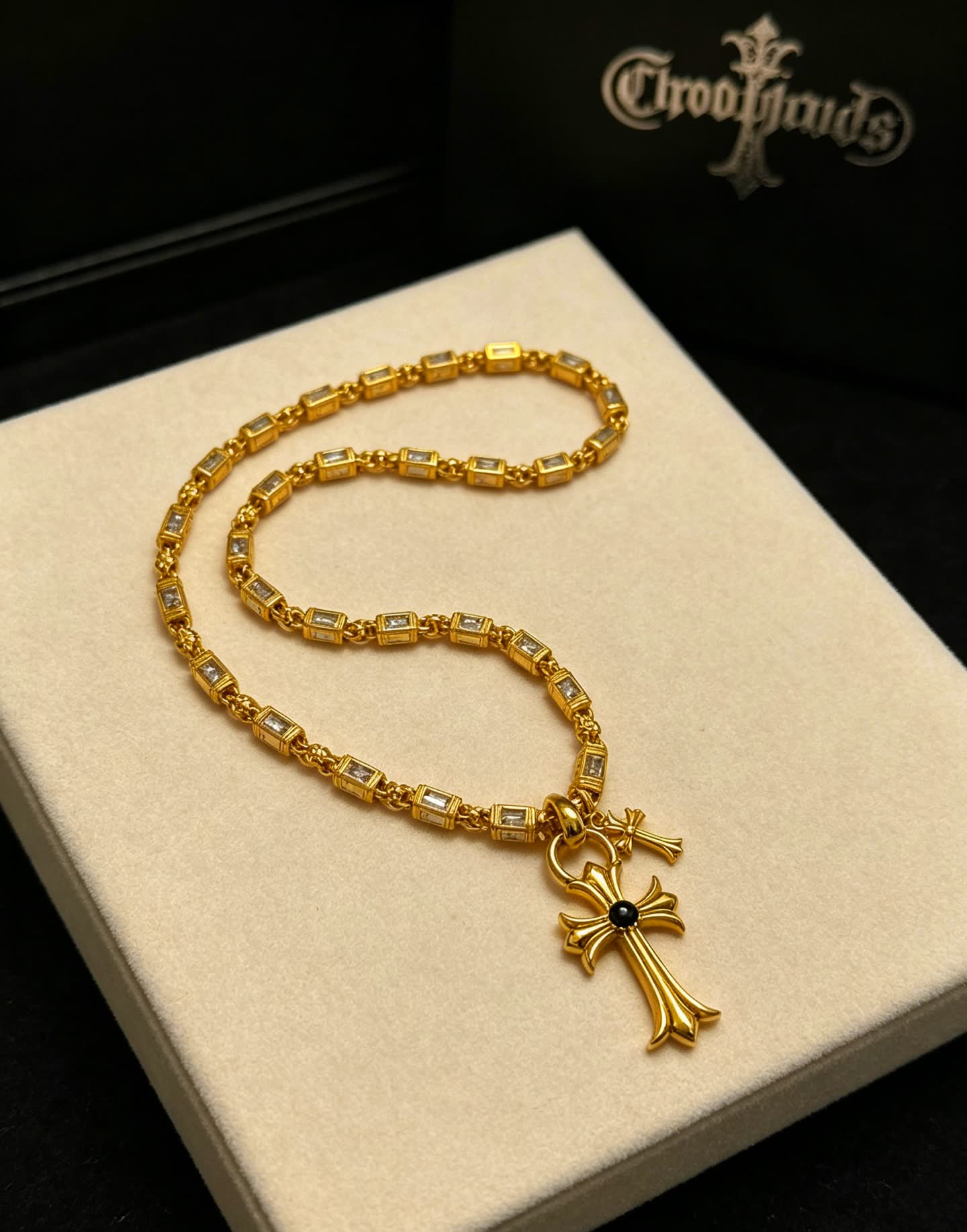 Chrome Hearts Gold Tone Crystal Cross Pendant Necklace
